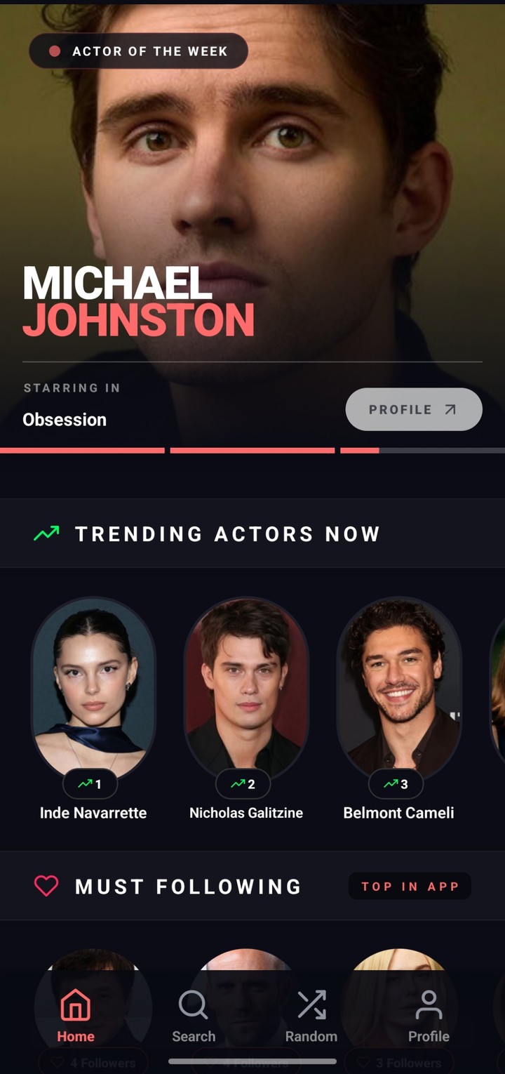 Home screen with Actor of the Week, trending actors and Must Following
