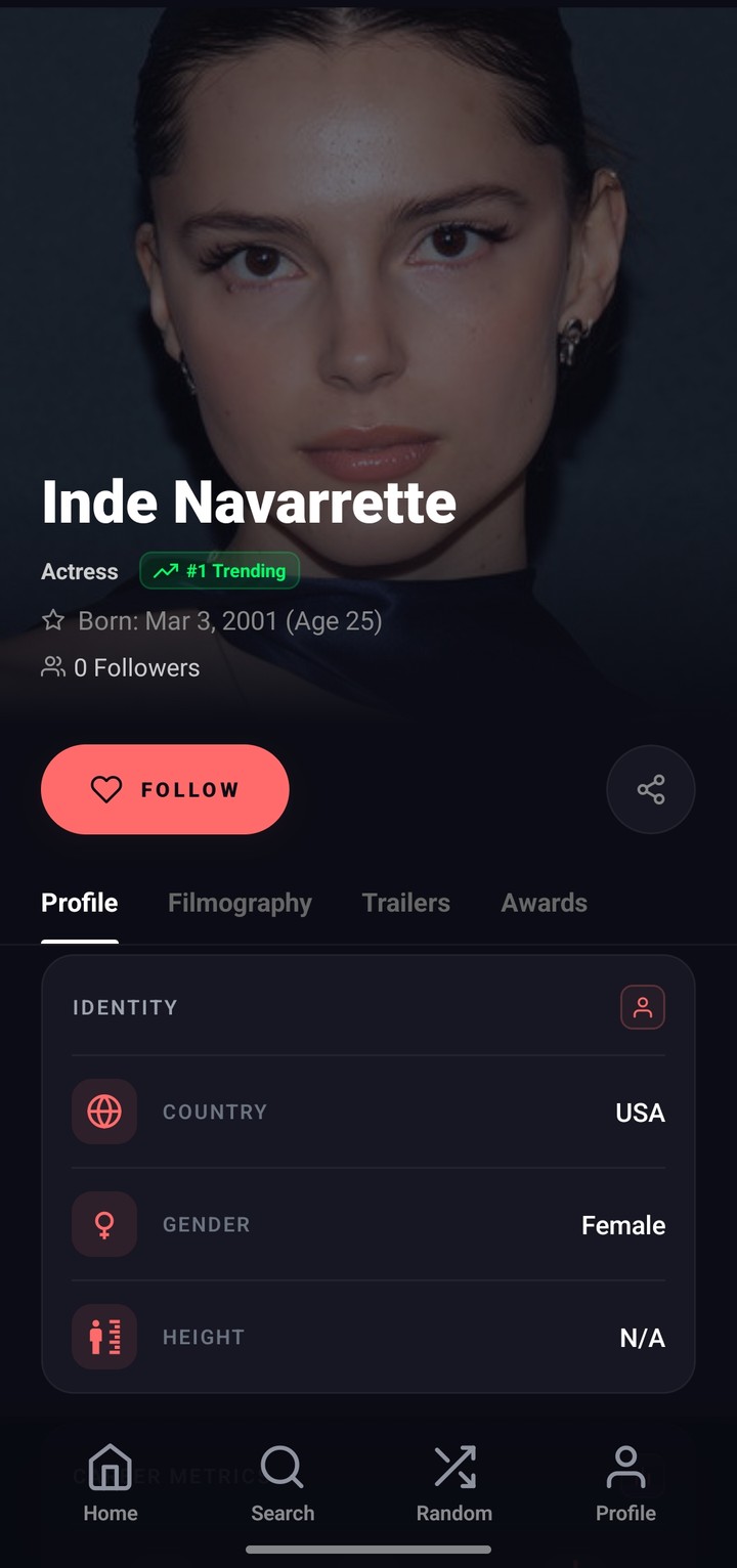 Actor profile with portrait, follow button and profile, filmography, trailers and awards tabs