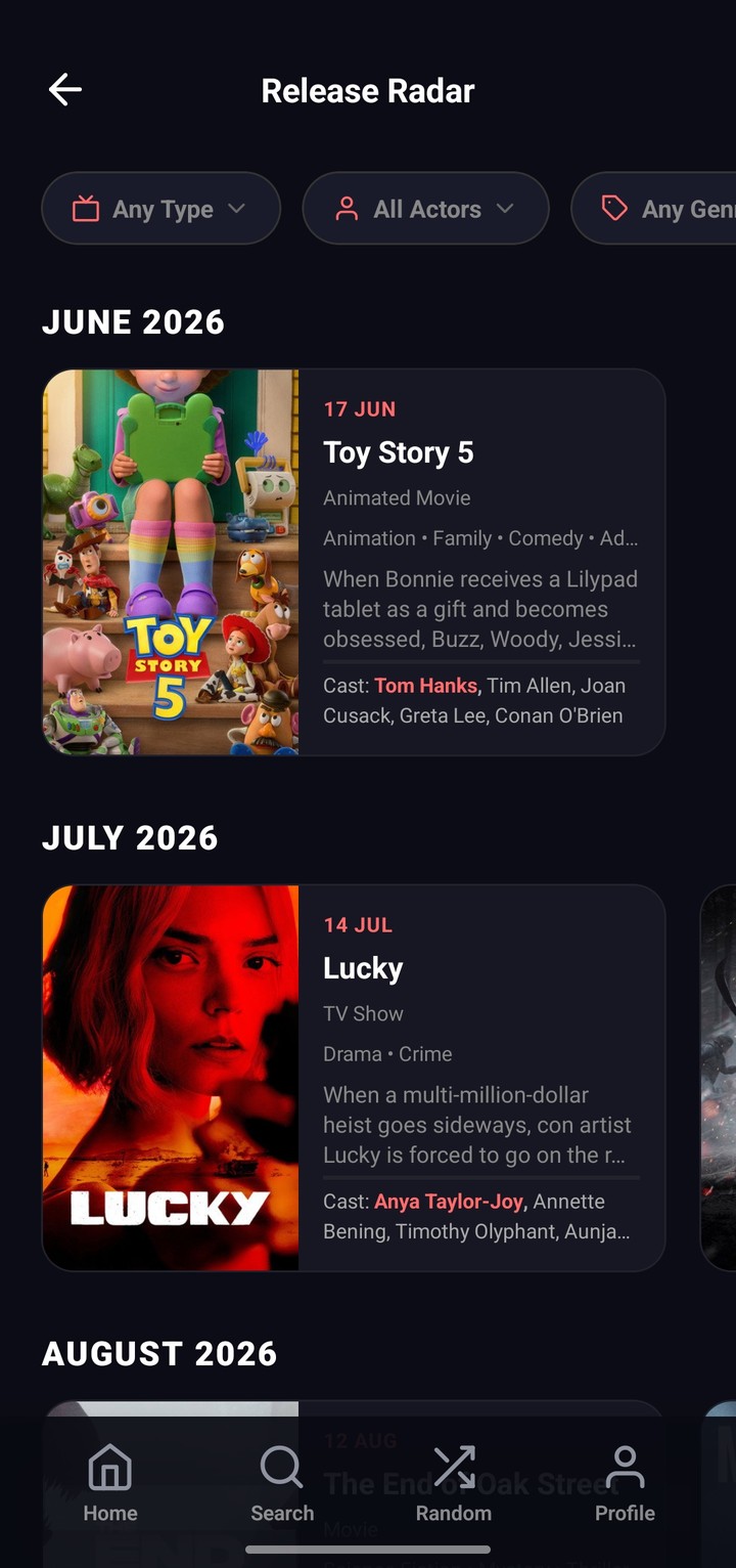 Release Radar listing upcoming film and show releases by month