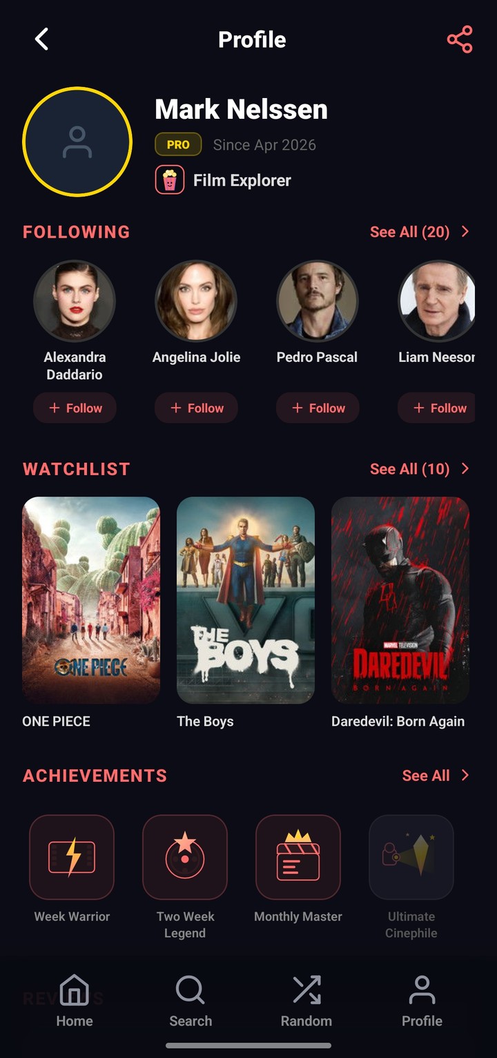 Your profile with following, watchlist and achievements